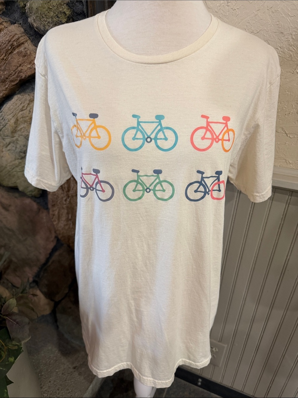 Gildan Cream Short Sleeve Tee with Multicolor Bicycle Prints